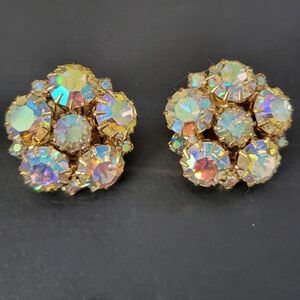 Vintage Aurora Borealis Goldtone  Cluster Clip-on  Earrings